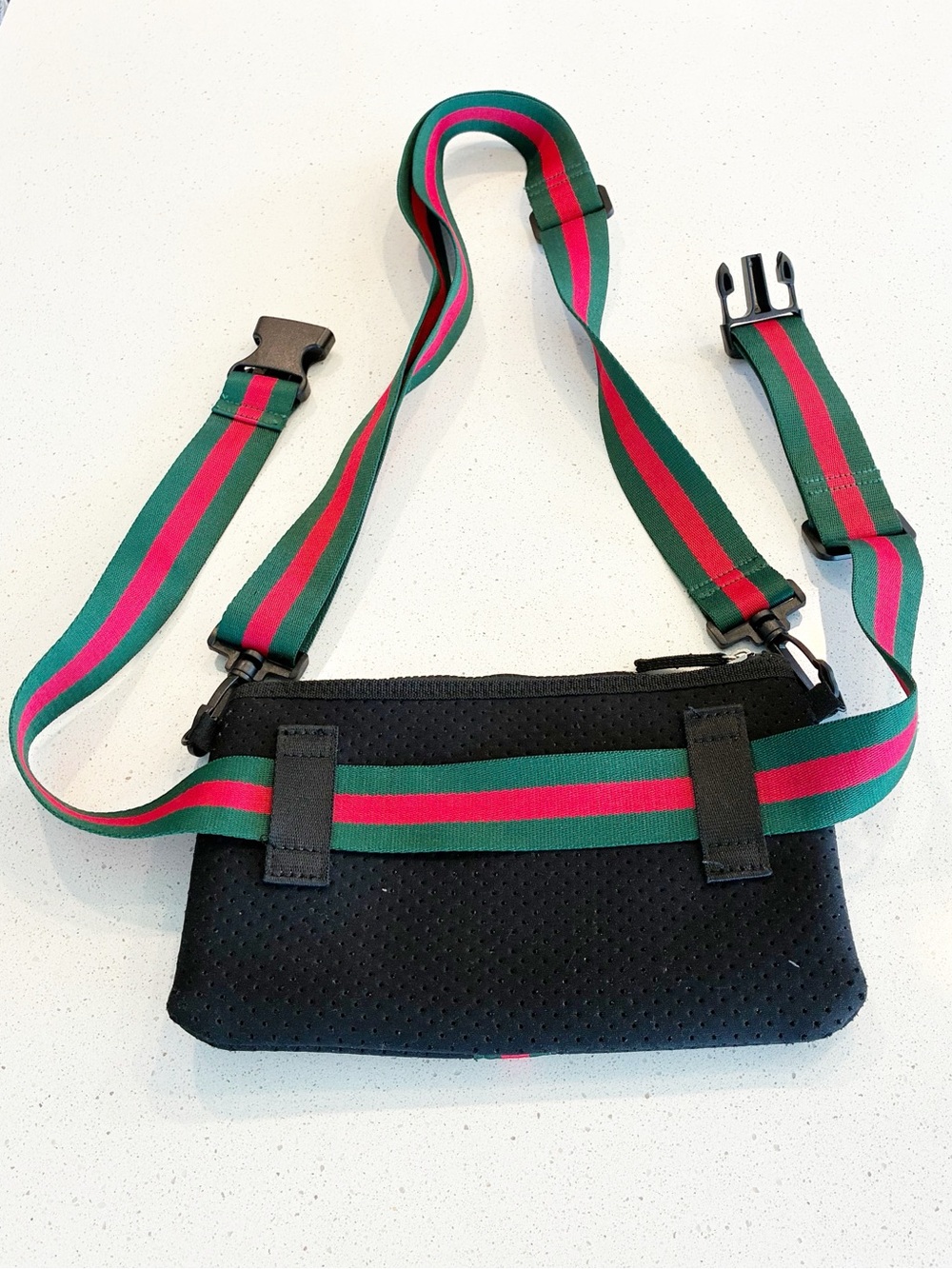 Black Crossbody Neoprene Pouch with Green and Red Stripe Adjustable Strap - Picture 4 of 15